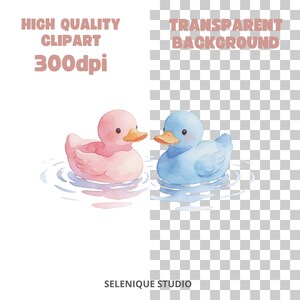 May include: Watercolor illustration of two toy ducks, one pink and one blue, floating in water. The ducks have orange beaks and are surrounded by soft, watery reflections. Text at the top reads "HIGH QUALITY CLIPART 300dpi" and "TRANSPARENT BACKGROUND".