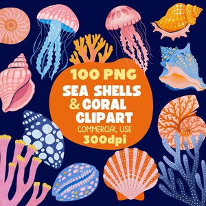 Puede incluir: Una colección digital de 100 imágenes prediseñadas PNG de conchas marinas y corales sobre un fondo azul oscuro. La ilustración presenta varias medusas coloridas, conchas en espiral, bivalvos y ramas de coral con el texto 100 PNG SEA SHELLS & CORAL CLIPART COMMERCIAL USE 300dpi.