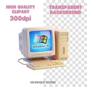 May include: A beige computer setup featuring a monitor displaying the Windows 98 logo, a keyboard, and a tower. The image includes the text "HIGH QUALITY CLIPART 300dpi" and "TRANSPARENT BACKGROUND". The bottom of the image has the text "SELENIQUE STUDIO".