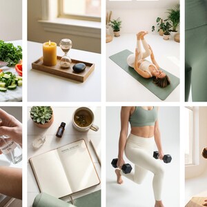 May include: A collage of images featuring wellness and lifestyle themes. Includes a person cutting vegetables, a candle and hourglass on a tray, a person doing yoga, green leggings, a spray bottle, a journal, and a person exercising with weights.