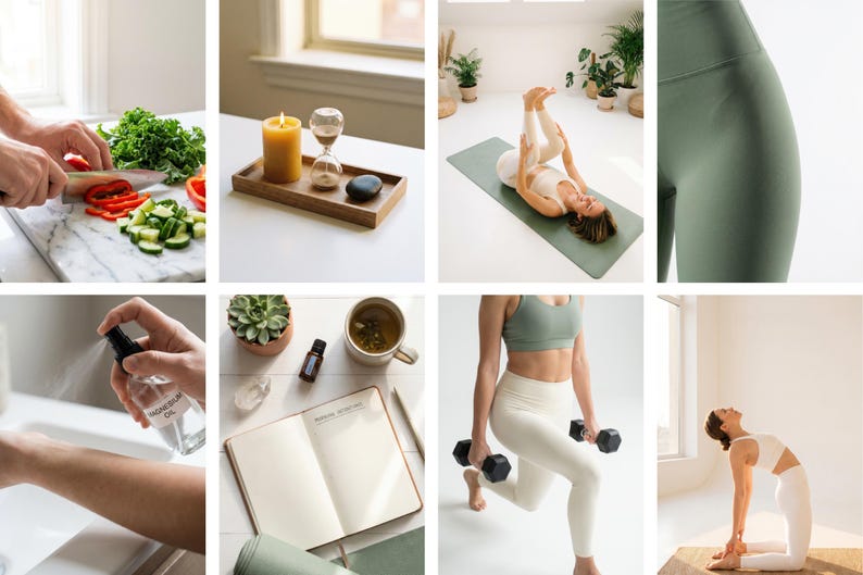 May include: A collage of images featuring wellness and lifestyle themes. Includes a person cutting vegetables, a candle and hourglass on a tray, a person doing yoga, green leggings, a spray bottle, a journal, and a person exercising with weights.