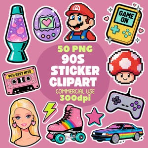Op de afbeelding: Een verzameling sticker clipart in de stijl van de jaren 90, waaronder een lavalamp, pixel Mario, een Tamagotchi, een cassettebandje, een paddenstoel, een rolschaats met regenboog, een auto, een spelconsole en een Barbie-achtige pop. De tekst luidt "50 PNG 90s Sticker Clipart Commercial Use 300dpi."