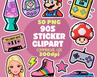 90s Pixel Sticker Clipart Bundle, Retro Gaming PNGs, Y2K Style Icons (Commercial Use)