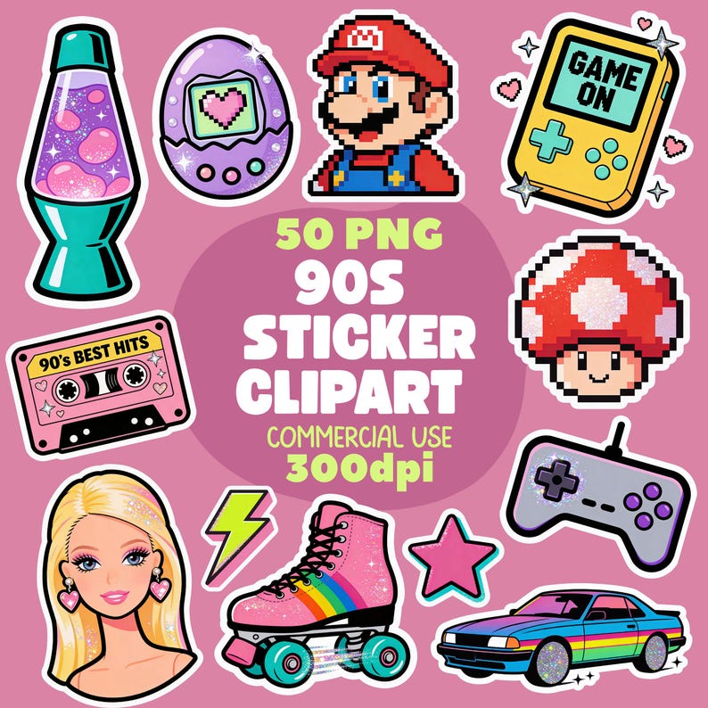 Op de afbeelding: Een verzameling sticker clipart in de stijl van de jaren 90, waaronder een lavalamp, pixel Mario, een Tamagotchi, een cassettebandje, een paddenstoel, een rolschaats met regenboog, een auto, een spelconsole en een Barbie-achtige pop. De tekst luidt "50 PNG 90s Sticker Clipart Commercial Use 300dpi."