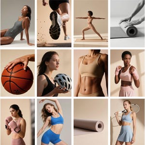 May include: A collection of images showcasing fitness and wellness activities. The images feature people in various poses, including yoga, running, and weightlifting. Sports equipment like a basketball, yoga mat, and dumbbells are also visible.