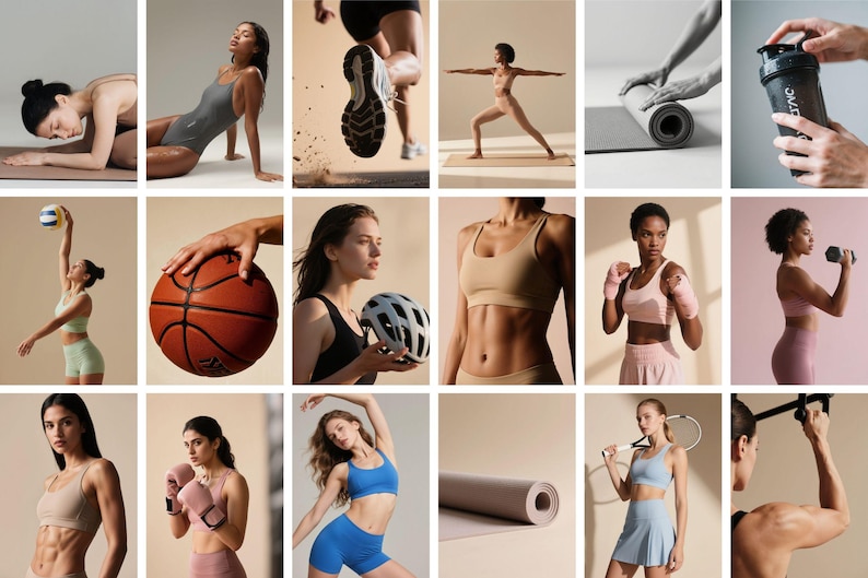 May include: A collection of images showcasing fitness and wellness activities. The images feature people in various poses, including yoga, running, and weightlifting. Sports equipment like a basketball, yoga mat, and dumbbells are also visible.