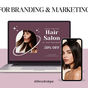 Op de afbeelding: Een laptop en een smartphone tonen een advertentie voor een kapsalon. Het laptopscherm toont het profiel van een vrouw in een witte boog, met de tekst "Hair Salon, All Hair Treatments, 50% Off". De smartphone toont een vrouw met donker haar.
