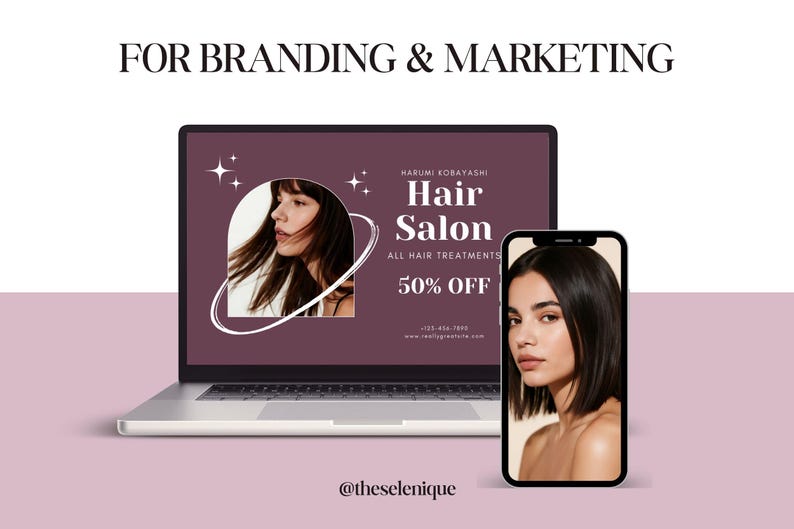 Op de afbeelding: Een laptop en een smartphone tonen een advertentie voor een kapsalon. Het laptopscherm toont het profiel van een vrouw in een witte boog, met de tekst "Hair Salon, All Hair Treatments, 50% Off". De smartphone toont een vrouw met donker haar.