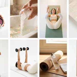 May include: A collage of images related to wellness and fitness. Includes a bowl of fruit and granola, bath salts being poured into water, a person doing yoga, a yoga strap, a person doing a yoga pose, dumbbells, a yoga mat, water bottle, and a towel.
