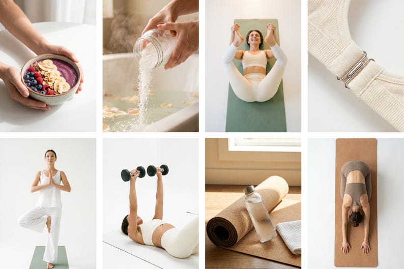 May include: A collage of images related to wellness and fitness. Includes a bowl of fruit and granola, bath salts being poured into water, a person doing yoga, a yoga strap, a person doing a yoga pose, dumbbells, a yoga mat, water bottle, and a towel.