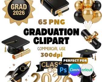 Class of 2026 Graduation Clipart | Black Gold PNG Bundle (Digital Download)