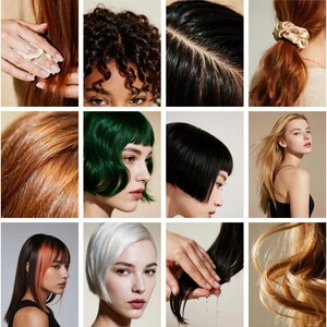 Op de afbeelding: Een collage van afbeeldingen met diverse kapsels en haarbehandelingen. De afbeeldingen tonen verschillende haarkleuren, waaronder zwart, blond, rood, groen en wit. Sommige afbeeldingen tonen close-ups van haartexturen, terwijl andere modellen met verschillende kapsels tonen.