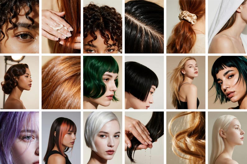Op de afbeelding: Een collage van afbeeldingen met diverse kapsels en haarbehandelingen. De afbeeldingen tonen verschillende haarkleuren, waaronder zwart, blond, rood, groen en wit. Sommige afbeeldingen tonen close-ups van haartexturen, terwijl andere modellen met verschillende kapsels tonen.