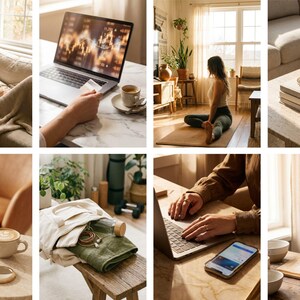 Op de afbeelding: Een collage van lifestyle-afbeeldingen met een persoon die ontspant op een bank, een laptop gebruikt, yoga beoefent en eten bereidt. Andere afbeeldingen zijn een salontafel met een kopje koffie en make-up, en een draagtas met items.