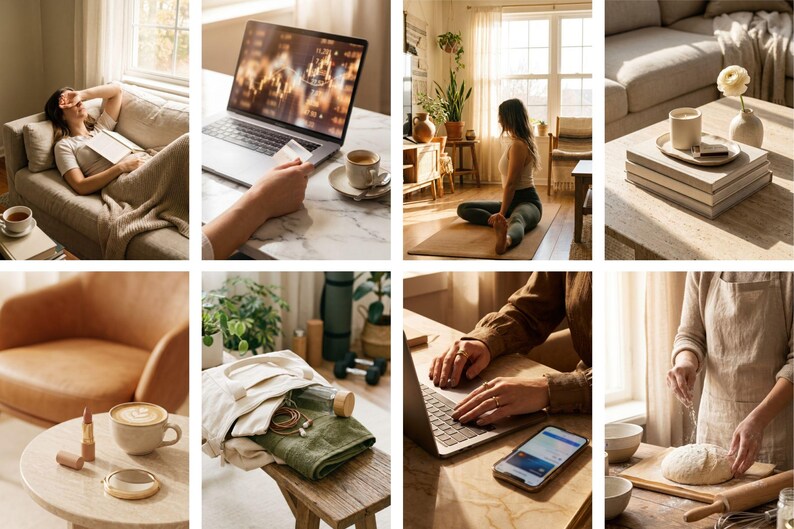 Op de afbeelding: Een collage van lifestyle-afbeeldingen met een persoon die ontspant op een bank, een laptop gebruikt, yoga beoefent en eten bereidt. Andere afbeeldingen zijn een salontafel met een kopje koffie en make-up, en een draagtas met items.