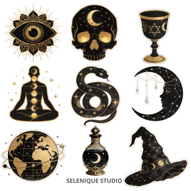 Pacchetto di clipart celestiali mistiche, adesivi PNG neri e dorati a tema stregonesco (download digitale) immagine 3