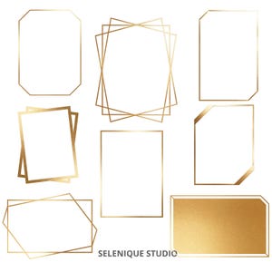 May include: A collection of gold geometric frames in various shapes, including rectangles, octagons, and layered designs. The frames have a metallic finish and are set against a white background. The text "SELENIQUE STUDIO" is at the bottom.