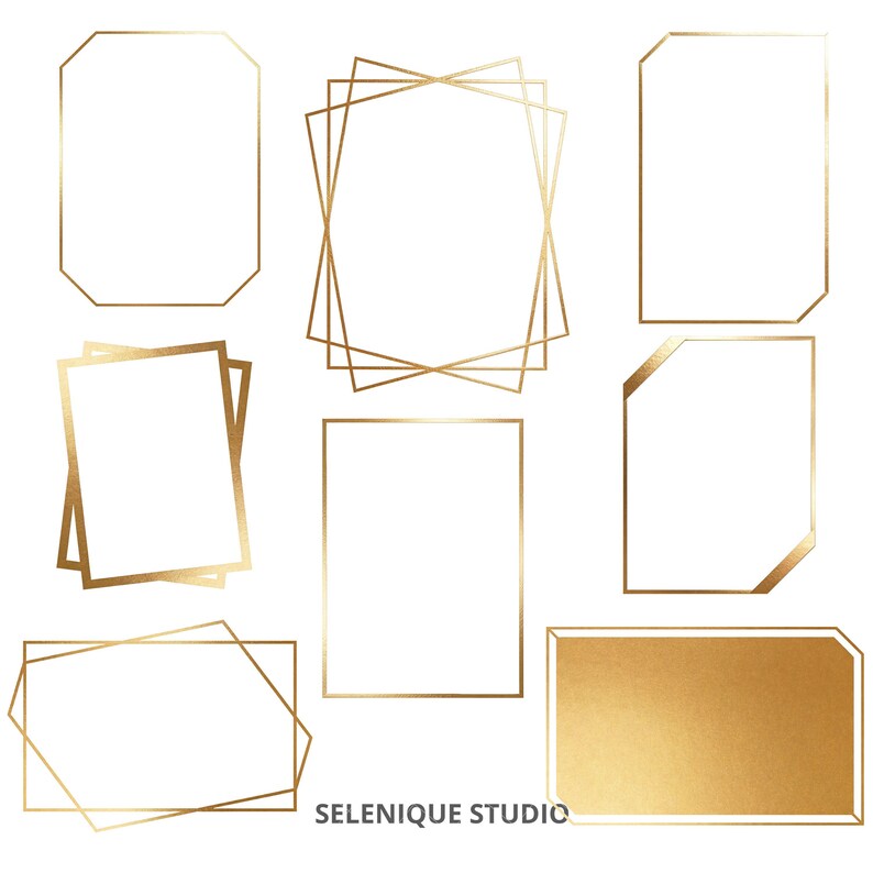 May include: A collection of gold geometric frames in various shapes, including rectangles, octagons, and layered designs. The frames have a metallic finish and are set against a white background. The text "SELENIQUE STUDIO" is at the bottom.