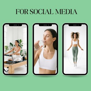May include: Image featuring five smartphones displaying fitness activities. The screens show women in various workout poses, including yoga, Pilates, drinking water, jumping rope, and squats. The text "FOR SOCIAL MEDIA" is at the top.