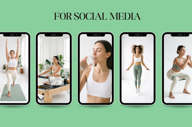 May include: Image featuring five smartphones displaying fitness activities. The screens show women in various workout poses, including yoga, Pilates, drinking water, jumping rope, and squats. The text "FOR SOCIAL MEDIA" is at the top.