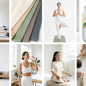 May include: A collage of images related to wellness and fitness. Includes yoga mats in various colors, a person practicing yoga, a person drinking water, a person doing pilates, a person meditating, and a jar of infused water.