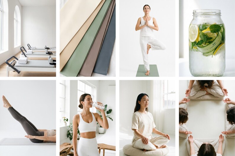 May include: A collage of images related to wellness and fitness. Includes yoga mats in various colors, a person practicing yoga, a person drinking water, a person doing pilates, a person meditating, and a jar of infused water.