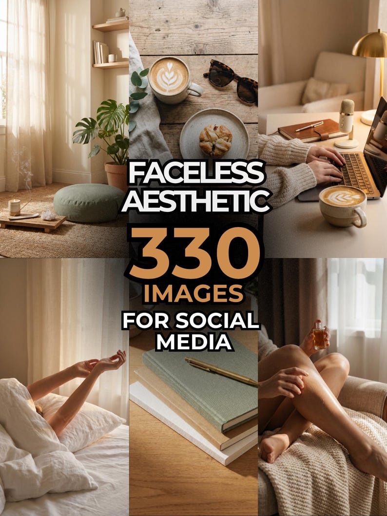 Op de afbeelding: Esthetische lifestyle-afbeeldingen met koffie, boeken en een laptop. De tekst luidt "FACELLESS AESTHETIC 330 IMAGES FOR SOCIAL MEDIA". De afbeeldingen hebben een neutraal kleurenpalet met natuurlijk licht en een gezellige sfeer.