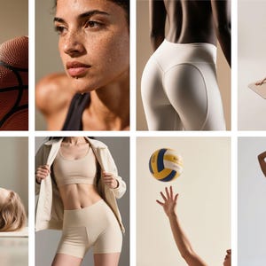 May include: A collage of images featuring sports and fitness themes. Includes a basketball, a person with sweat, white leggings, a yoga pose, a person lying down, a beige athletic outfit, a volleyball, and a person in a pink athletic outfit.