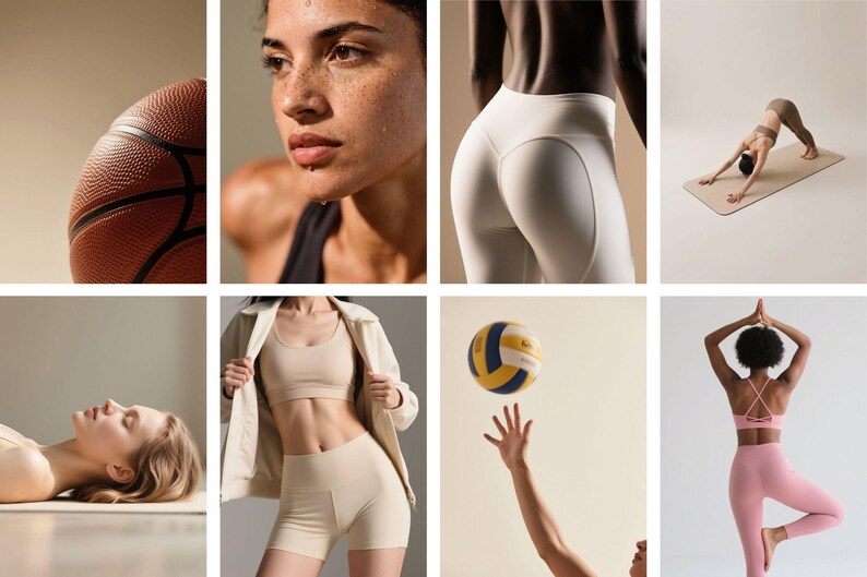 May include: A collage of images featuring sports and fitness themes. Includes a basketball, a person with sweat, white leggings, a yoga pose, a person lying down, a beige athletic outfit, a volleyball, and a person in a pink athletic outfit.