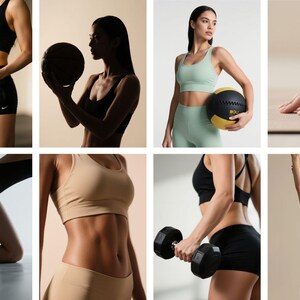 May include: Collection of images showcasing fitness apparel and exercise equipment. Includes a woman holding dumbbells, a basketball, and a medicine ball. Other images show a woman in a sports bra and shorts, and a woman stretching.