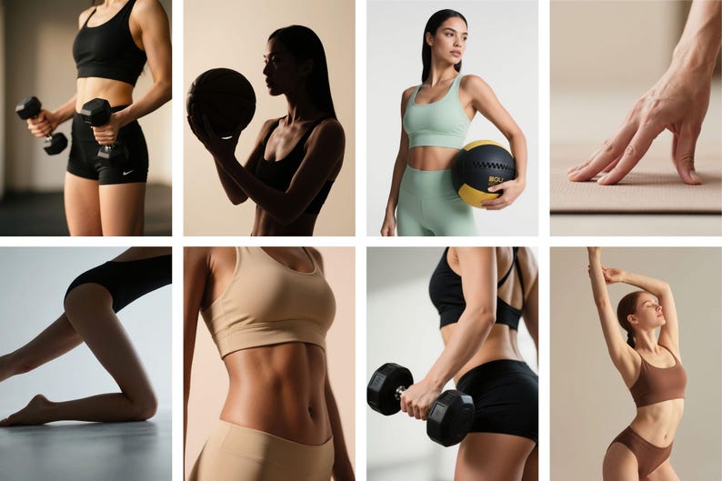 May include: Collection of images showcasing fitness apparel and exercise equipment. Includes a woman holding dumbbells, a basketball, and a medicine ball. Other images show a woman in a sports bra and shorts, and a woman stretching.