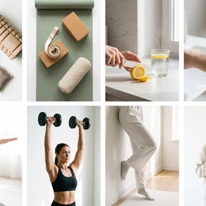 May include: A collection of wellness and fitness items, including a foam roller, yoga mat, blocks, and a bolster. Also shown are a glass of water with lemon, a spray bottle, and a woman practicing yoga and lifting dumbbells. The image conveys a theme of health and well-being.