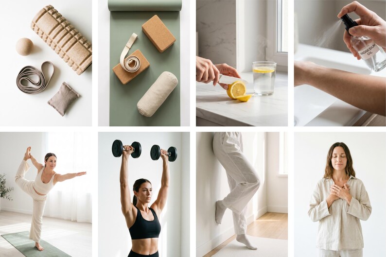 May include: A collection of wellness and fitness items, including a foam roller, yoga mat, blocks, and a bolster. Also shown are a glass of water with lemon, a spray bottle, and a woman practicing yoga and lifting dumbbells. The image conveys a theme of health and well-being.