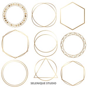 May include: Nine gold geometric shapes, including circles, hexagons, and a triangle, are arranged on a white background. The shapes vary in design, some with overlapping lines and others with intricate patterns. The text "SELENIQUE STUDIO" is at the bottom.
