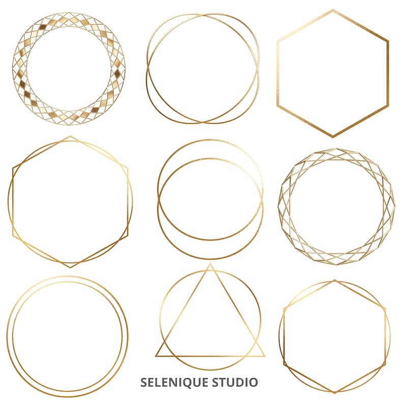May include: Nine gold geometric shapes, including circles, hexagons, and a triangle, are arranged on a white background. The shapes vary in design, some with overlapping lines and others with intricate patterns. The text "SELENIQUE STUDIO" is at the bottom.