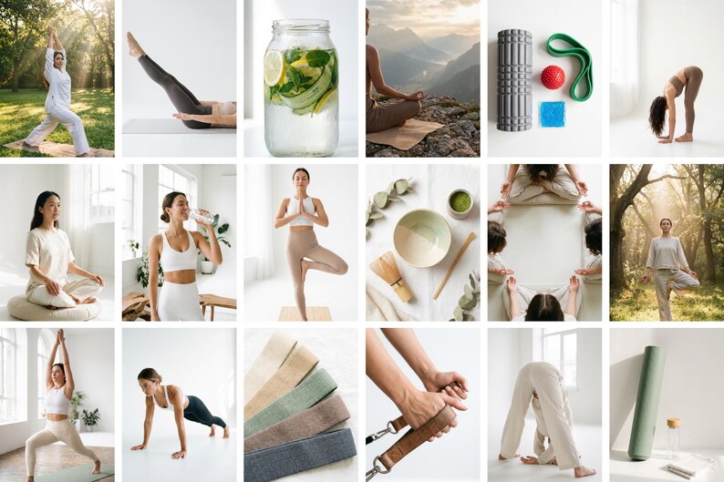 May include: A collage of images featuring yoga and wellness themes. Includes people in yoga poses, a jar of infused water, yoga equipment like a foam roller and resistance bands, and a matcha tea set. The images have a bright, airy aesthetic.