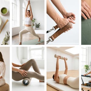 May include: A collage of images showcasing wellness and fitness activities. The images include a matcha tea set, yoga poses, Pilates equipment, and exercise tools. The color palette is neutral, with soft greens and creams.