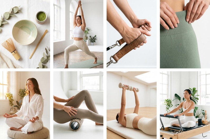 May include: A collage of images showcasing wellness and fitness activities. The images include a matcha tea set, yoga poses, Pilates equipment, and exercise tools. The color palette is neutral, with soft greens and creams.