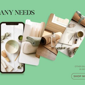 May include: An advertisement with the text "FOR ANY NEEDS" and "OTHER BUNDLES IN MY STORE". The image features a smartphone displaying wellness items like a matcha bowl, yoga mat, and journal, all on a light green background. The call to action is "SHOP NOW!"