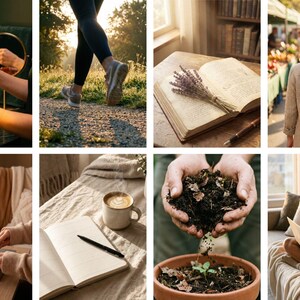 Op de afbeelding: Een verzameling lifestyle-afbeeldingen. E&eacute;n toont handen die huidverzorging aanbrengen, een ander toont een persoon die loopt en een derde toont een open boek met lavendel. Andere afbeeldingen zijn onder meer een persoon op een boerenmarkt, een kopje koffie en een persoon die op een laptop werkt.