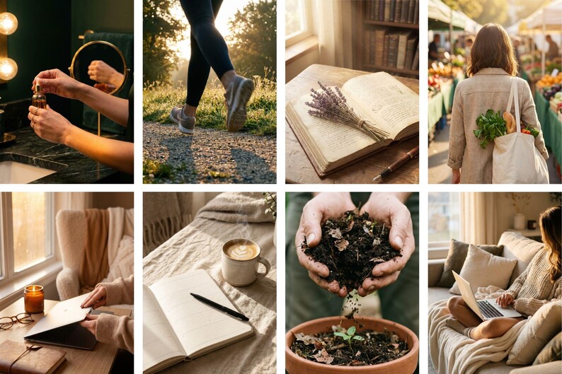 Op de afbeelding: Een verzameling lifestyle-afbeeldingen. E&eacute;n toont handen die huidverzorging aanbrengen, een ander toont een persoon die loopt en een derde toont een open boek met lavendel. Andere afbeeldingen zijn onder meer een persoon op een boerenmarkt, een kopje koffie en een persoon die op een laptop werkt.