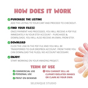 May include: A pink and green graphic with the text "HOW DOES IT WORK" and instructions for purchasing and downloading a file. Includes a color palette of nail polish shades and the text "TERM OF USE".