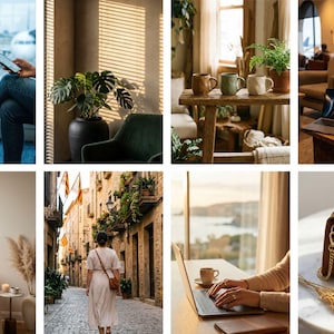 Op de afbeelding: Een collage van lifestyle-afbeeldingen met thema's als reizen en woondecoratie. Sc&egrave;nes omvatten een persoon op een luchthaven, een plant in een donkere pot, mokken op een houten tafel, een laptop met een kopje koffie en een bruine handtas.