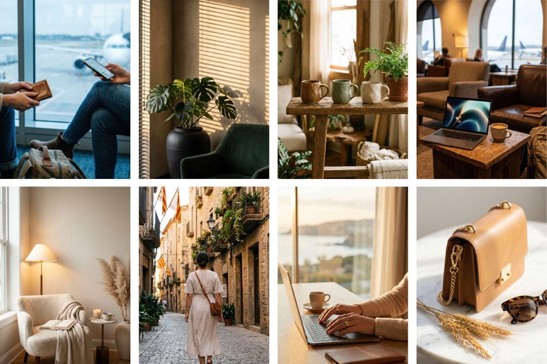 Op de afbeelding: Een collage van lifestyle-afbeeldingen met thema's als reizen en woondecoratie. Sc&egrave;nes omvatten een persoon op een luchthaven, een plant in een donkere pot, mokken op een houten tafel, een laptop met een kopje koffie en een bruine handtas.