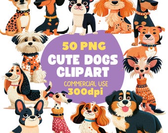 May include: A digital collection of 50 PNG dog illustrations featuring various breeds in colourful sweaters and collars, centred around a purple graphic with the text 50 PNG CUTE DOGS CLIPART COMMERCIAL USE 300dpi, showcasing diverse canine styles.