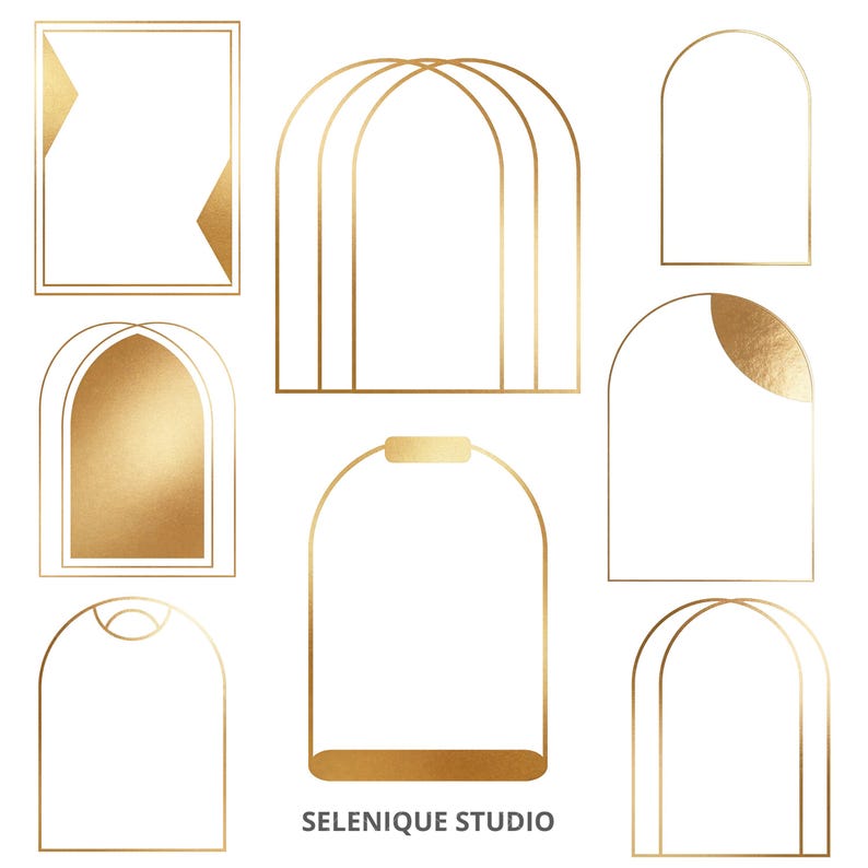 May include: A collection of gold geometric shapes, including rectangles, arches, and rounded designs, against a white background. The shapes have a metallic finish and are outlined with thin lines. The text "SELENIQUE STUDIO" is at the bottom.