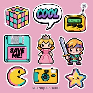 Jaren 90 pixelsticker clipartbundel, retro gaming-png's, Y2K-stijliconen (commercieel gebruik) afbeelding 6