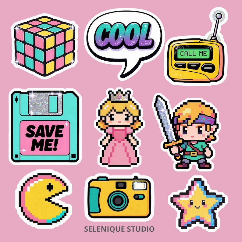 Jaren 90 pixelsticker clipartbundel, retro gaming-png's, Y2K-stijliconen (commercieel gebruik) afbeelding 6