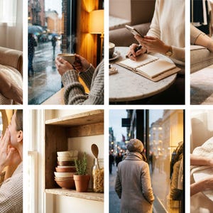 Op de afbeelding: Een collage van lifestyle-afbeeldingen met momenten van ontspanning en het dagelijks leven. Bevat een persoon die lotion aanbrengt, koffie drinkt, in een notitieboek schrijft en naar een etalage kijkt. Andere afbeeldingen tonen een plank met kommen en een persoon die een croissant eet.