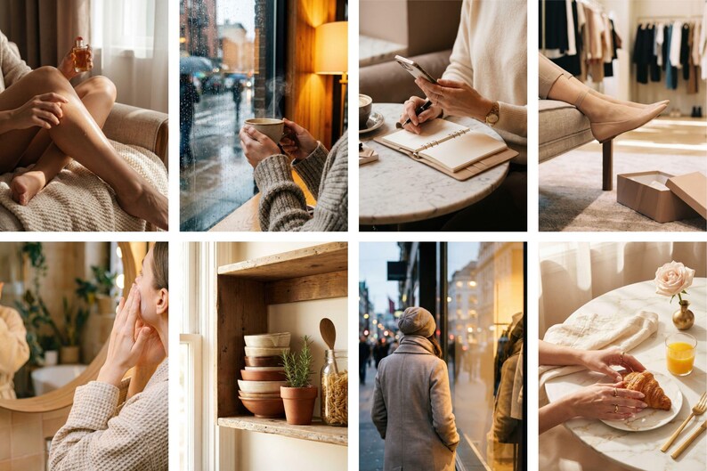 Op de afbeelding: Een collage van lifestyle-afbeeldingen met momenten van ontspanning en het dagelijks leven. Bevat een persoon die lotion aanbrengt, koffie drinkt, in een notitieboek schrijft en naar een etalage kijkt. Andere afbeeldingen tonen een plank met kommen en een persoon die een croissant eet.